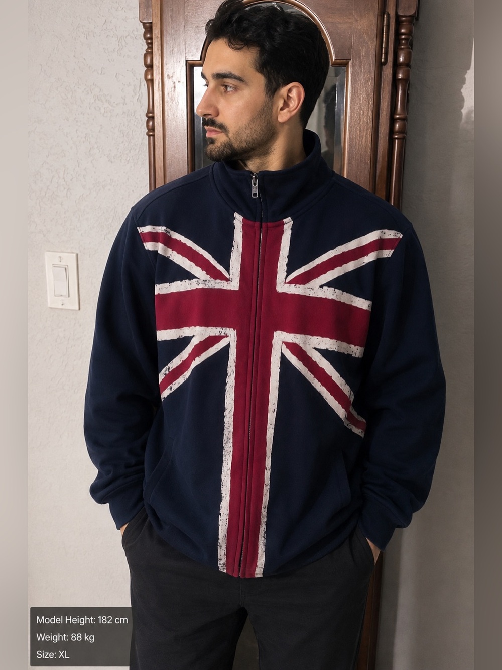 Guess Men's Navy Zip-Up Sweater with Burgundy and White Flag Graphic